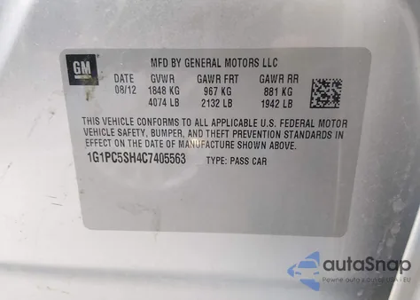 2012 Chevrolet Cruze Ls from USA, damaged, VIN 1G1PC5SH4C7405563